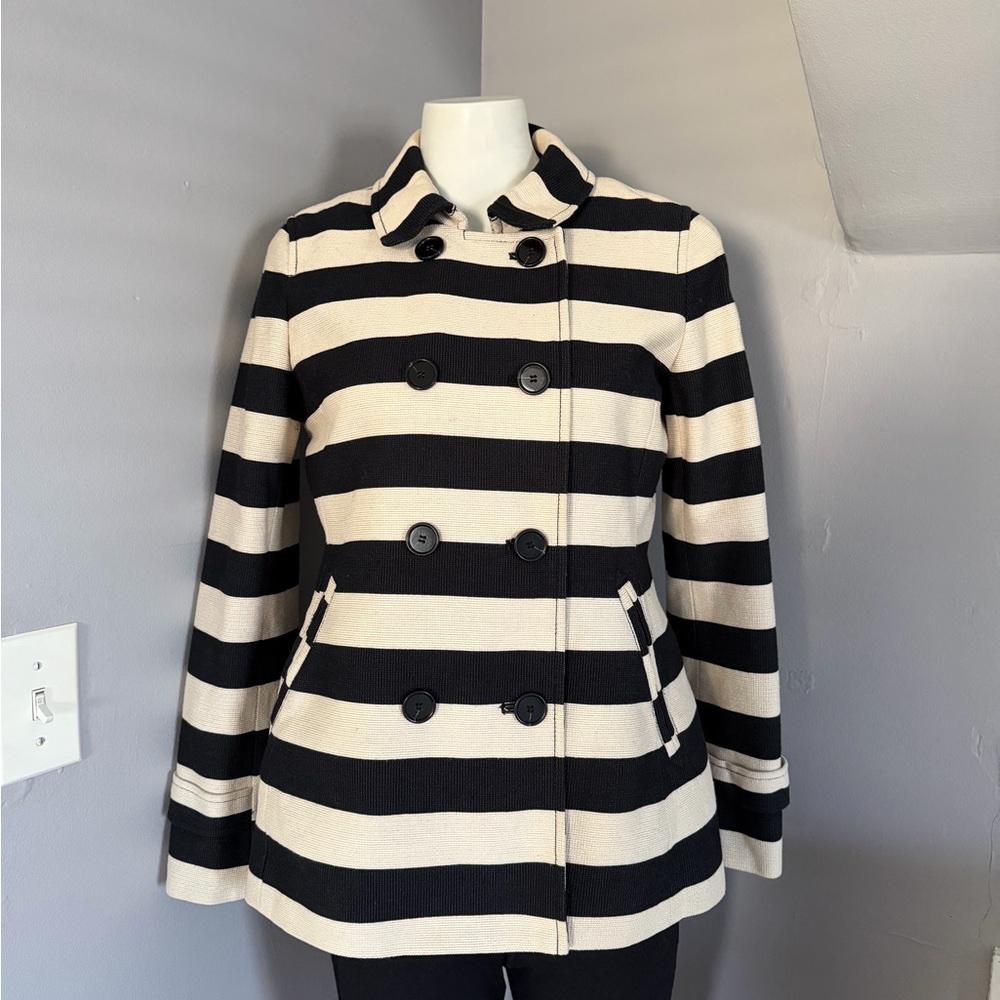 LOFT Black and Cream Striped Double-Breasted Peacoat
